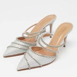 Pre Owned Aquazzura Silver Glitter Crystal Embellished Mules Size 38