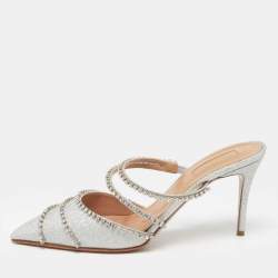 Pre Owned Aquazzura Silver Glitter Crystal Embellished Mules Size 38