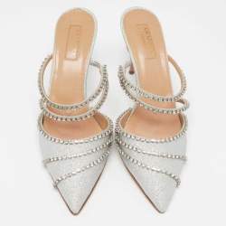 Pre Owned Aquazzura Silver Glitter Crystal Embellished Mules Size 38
