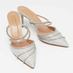Pre Owned Aquazzura Silver Glitter Crystal Embellished Mules Size 38