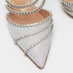 Pre Owned Aquazzura Silver Glitter Crystal Embellished Mules Size 38