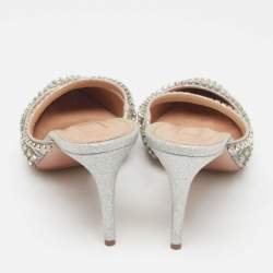Pre Owned Aquazzura Silver Glitter Crystal Embellished Mules Size 38