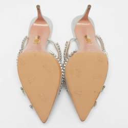 Pre Owned Aquazzura Silver Glitter Crystal Embellished Mules Size 38