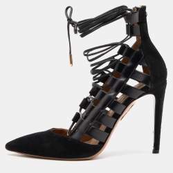 Aquazzura Black Suede and Leather Amazon Ankle Wrap Pumps Size 38