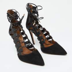 Aquazzura Black Suede and Leather Amazon Ankle Wrap Pumps Size 38