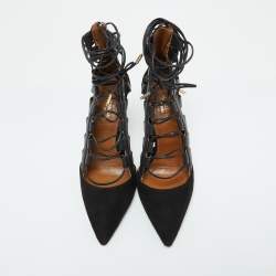 Aquazzura Black Suede and Leather Amazon Ankle Wrap Pumps Size 38