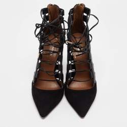 Pre Owned Aquazzura Black Suede and Leather Amazon Ankle Wrap Pumps Size 38