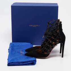 Pre Owned Aquazzura Black Suede and Leather Amazon Ankle Wrap Pumps Size 38