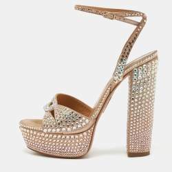 Aquazzura Rose Gold Crystal Embellished Leather Sinner Sandals Size 39