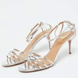 Pre Owned Aquazzura Silver Foil Leather Ankle Strap Sandals Size 39