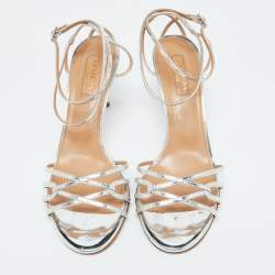 Pre Owned Aquazzura Silver Foil Leather Ankle Strap Sandals Size 39