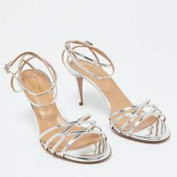 Pre Owned Aquazzura Silver Foil Leather Ankle Strap Sandals Size 39