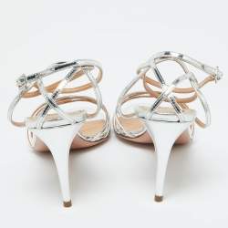 Pre Owned Aquazzura Silver Foil Leather Ankle Strap Sandals Size 39