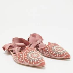 Aquazzura Pink Embellished Velvet Ankle Tie Flats Size 36