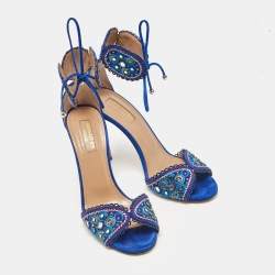 Pre Owned Aquazzura Blue Suede Ankle Strap Sandals Size 36