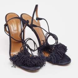 Pre Owned Aquazzura Navy Blue Suede Wild Thing Ankle Strap Sandals Size 39.5
