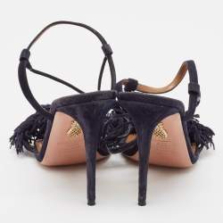 Pre Owned Aquazzura Navy Blue Suede Wild Thing Ankle Strap Sandals Size 39.5