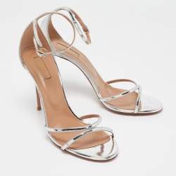 Pre Owned Aquazzura Silver Leather Ankle Strap Sandals Size 40.5
