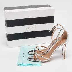 Pre Owned Aquazzura Silver Leather Ankle Strap Sandals Size 40.5