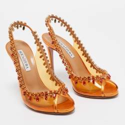 Aquazzura Orange Leather and PVC Crystal Embellished Temptation Pumps Size 38