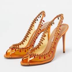 Aquazzura Orange Leather and PVC Crystal Embellished Temptation Pumps Size 38