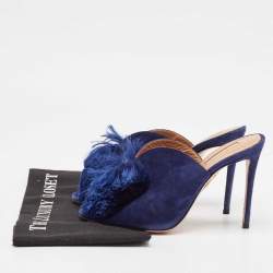 Pre Owned Aquazzura Navy Blue Suede Lotus Blossom Peep Toe Mules Size 38