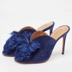 Pre Owned Aquazzura Navy Blue Suede Lotus Blossom Peep Toe Mules Size 38