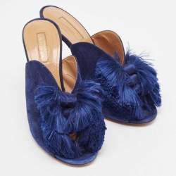 Pre Owned Aquazzura Navy Blue Suede Lotus Blossom Peep Toe Mules Size 38