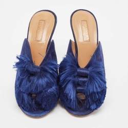 Pre Owned Aquazzura Navy Blue Suede Lotus Blossom Peep Toe Mules Size 38