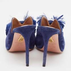 Pre Owned Aquazzura Navy Blue Suede Lotus Blossom Peep Toe Mules Size 38