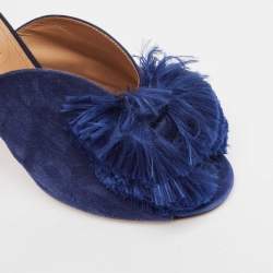 Pre Owned Aquazzura Navy Blue Suede Lotus Blossom Peep Toe Mules Size 38