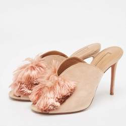 Pre Owned Aquazzura Light Pink Suede Lotus Blossom Peep Toe Mules Size 38