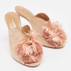 Pre Owned Aquazzura Light Pink Suede Lotus Blossom Peep Toe Mules Size 38
