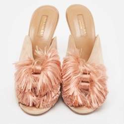 Pre Owned Aquazzura Light Pink Suede Lotus Blossom Peep Toe Mules Size 38