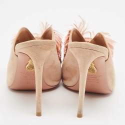 Pre Owned Aquazzura Light Pink Suede Lotus Blossom Peep Toe Mules Size 38