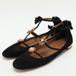 Aquazzura Black Suede Pandora Embellished Ballet Flats Size 40