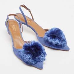 Pre Owned Aquazzura Blue Fur and Suede Powder Puff Slingback Pumps Size 39