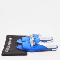 Pre Owned Aquazzura Blue Satin Crystal Embellished Flat Slides Size 38