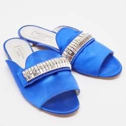 Pre Owned Aquazzura Blue Satin Crystal Embellished Flat Slides Size 38