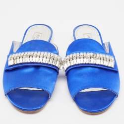 Pre Owned Aquazzura Blue Satin Crystal Embellished Flat Slides Size 38
