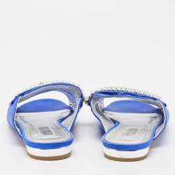 Pre Owned Aquazzura Blue Satin Crystal Embellished Flat Slides Size 38