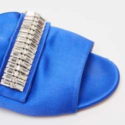 Pre Owned Aquazzura Blue Satin Crystal Embellished Flat Slides Size 38