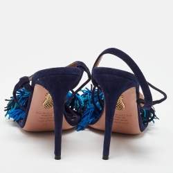 Aquazzura Blue Suede Wild Thing Fringe Ankle Strap Sandals Size 38