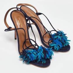 Aquazzura Blue Suede Wild Thing Fringe Ankle Strap Sandals Size 38