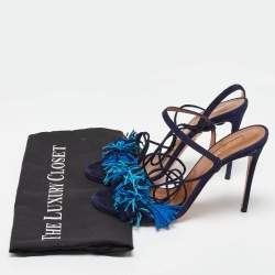 Aquazzura Blue Suede Wild Thing Fringe Ankle Strap Sandals Size 38