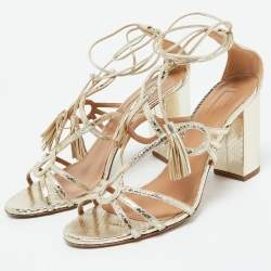 Pre Owned Aquazzura Gold Snakeskin Embossed Leather Gitana Ankle Strap Sandals Size 41