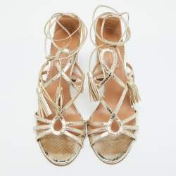 Pre Owned Aquazzura Gold Snakeskin Embossed Leather Gitana Ankle Strap Sandals Size 41