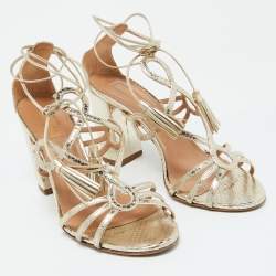 Pre Owned Aquazzura Gold Snakeskin Embossed Leather Gitana Ankle Strap Sandals Size 41