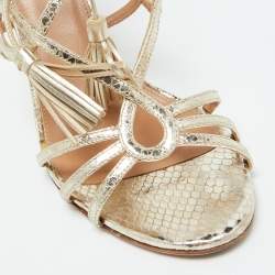 Pre Owned Aquazzura Gold Snakeskin Embossed Leather Gitana Ankle Strap Sandals Size 41