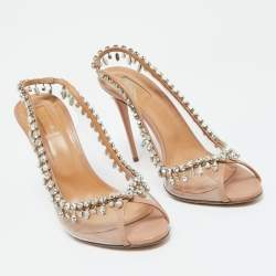 Aquazzura Beige Leather and PVC Crystal Temptation Slingback Sandals Size 41